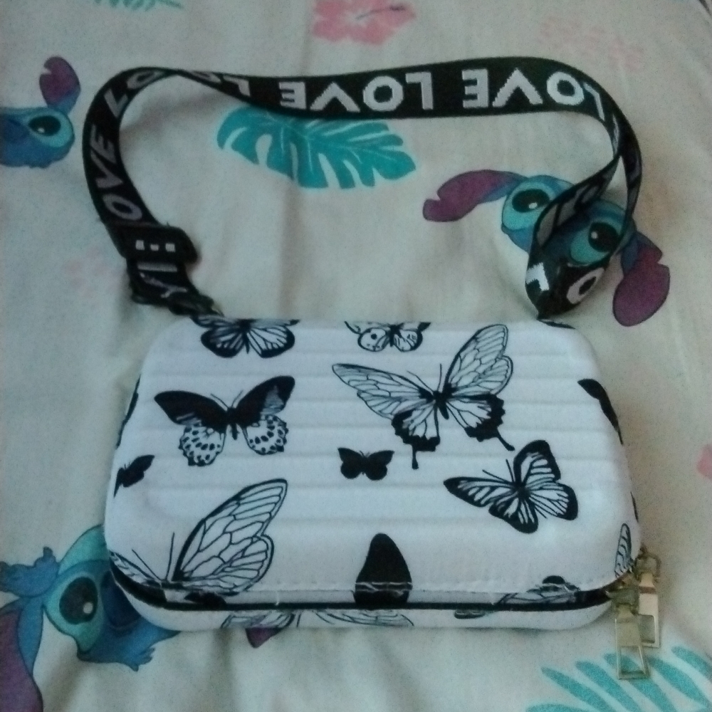 White and black butterfly print bag